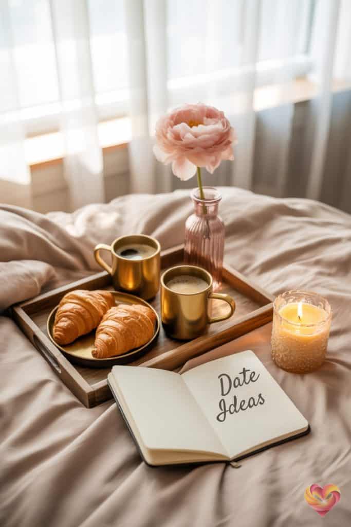 A soft bed with a lit candle, open notebook titled "Date Ideas," and a tray of coffee and pastries