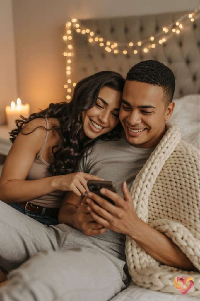 A relaxed pair sharing laughs while browsing a smartphone in a cosy room